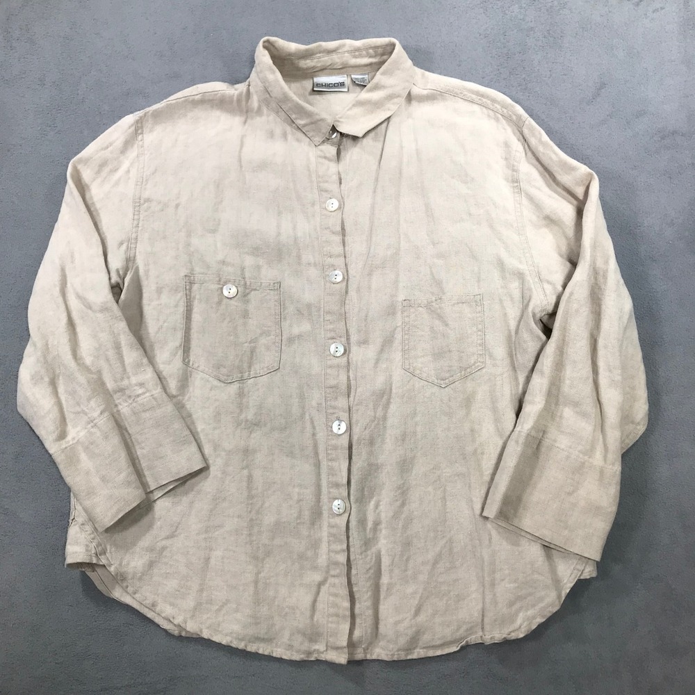 Chico's Linen Button Down Shirt Womens Size 2 Beige Long Sleeve Pockets Lagen